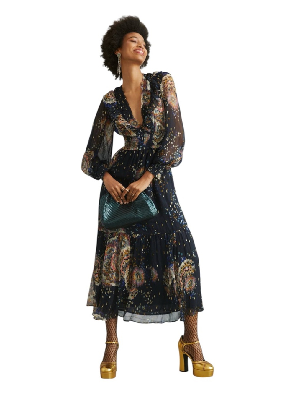 Anthropologie Floral Chiffon V- Neck Smocked Waist Navy Long Sleeve Maxi Dress